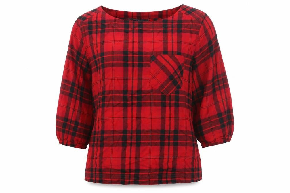 Marks and Spencer Womens Red Check Cotton Basic Blouse Size 14 Round Neck