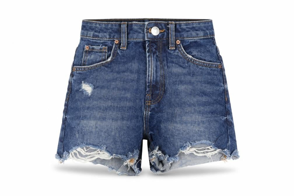 Front view of Denim & Co. women’s blue cotton cut-off shorts, size UK 4, regular zip - distressed