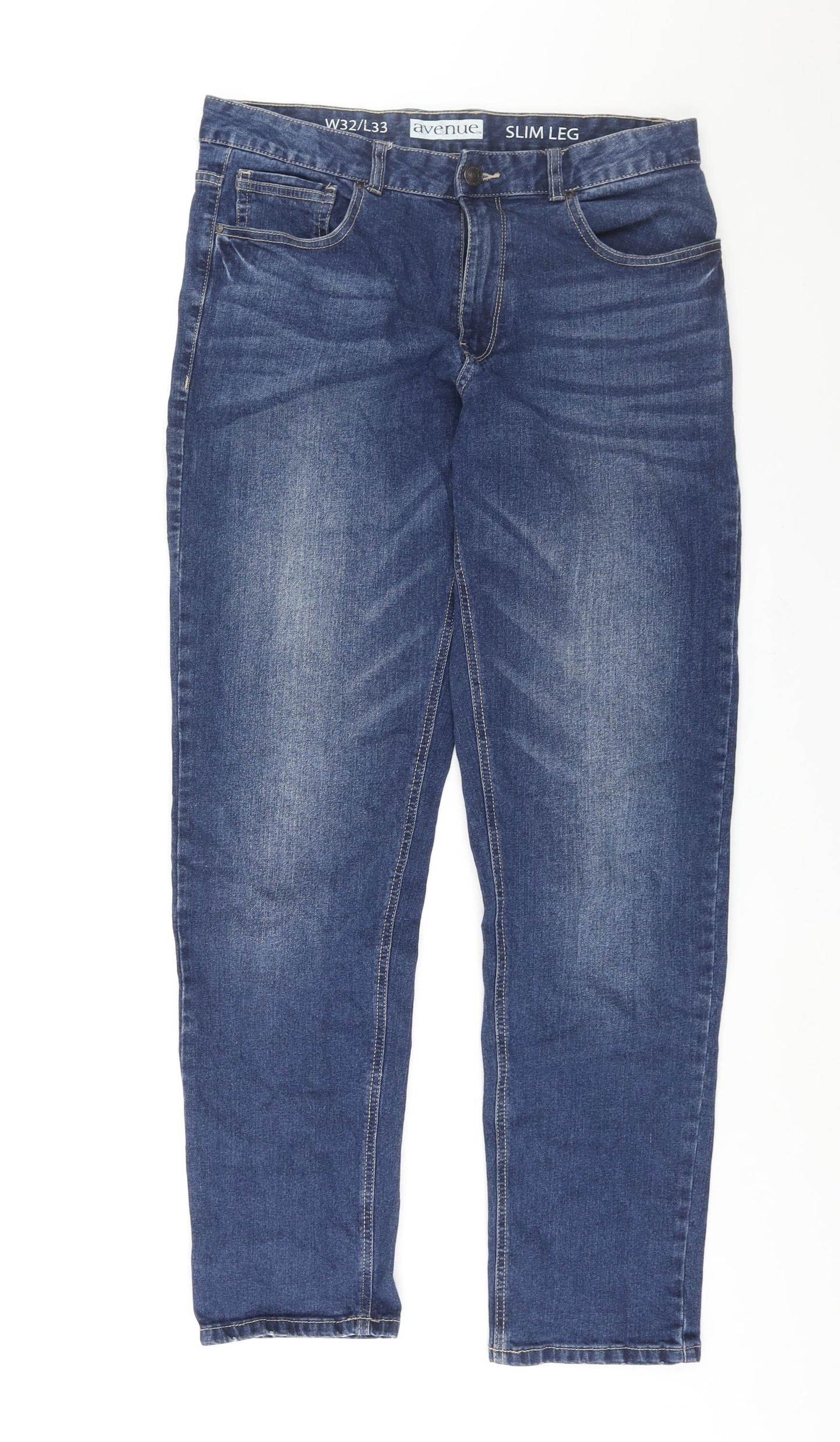Avenue Mens Blue Cotton Straight Jeans Size 32 in L33 in Slim Zip