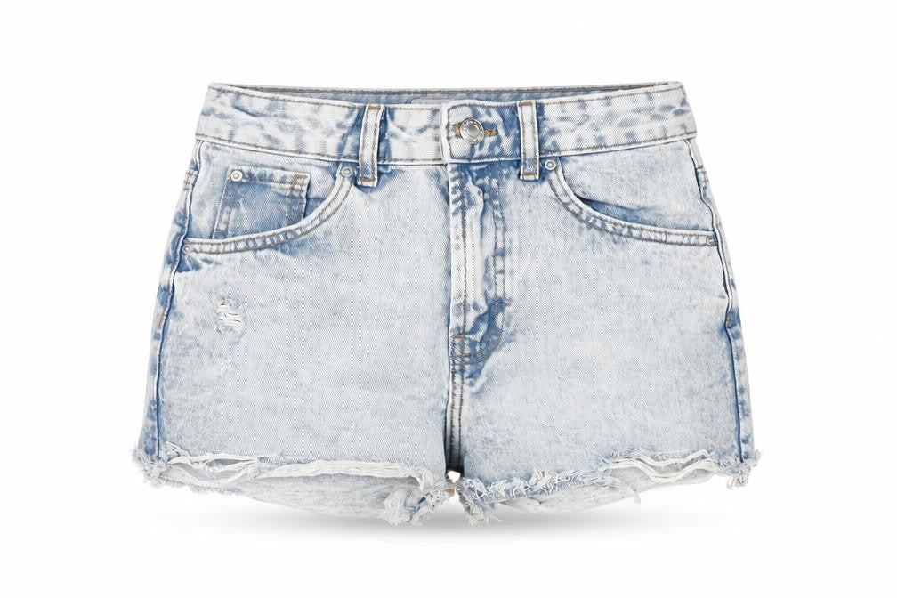Front view of Denim & Co. women’s blue cotton cut-off shorts, size UK 6, 3-inch leg regular zip - distressed