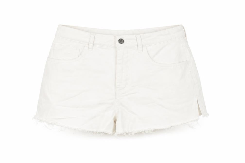 Front view of AsYou women’s white cotton cut-off shorts, size UK 12, regular zip - side slits