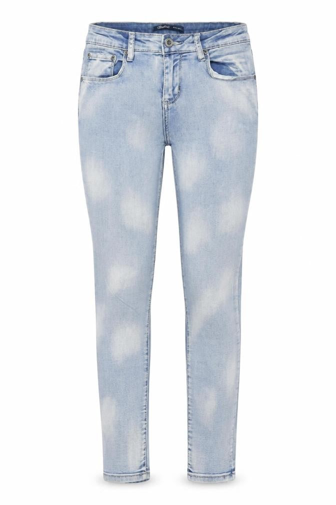Front view of Toxik3 women’s blue cotton skinny jeans, size S, 29-inch leg regular zip - spotted pattern