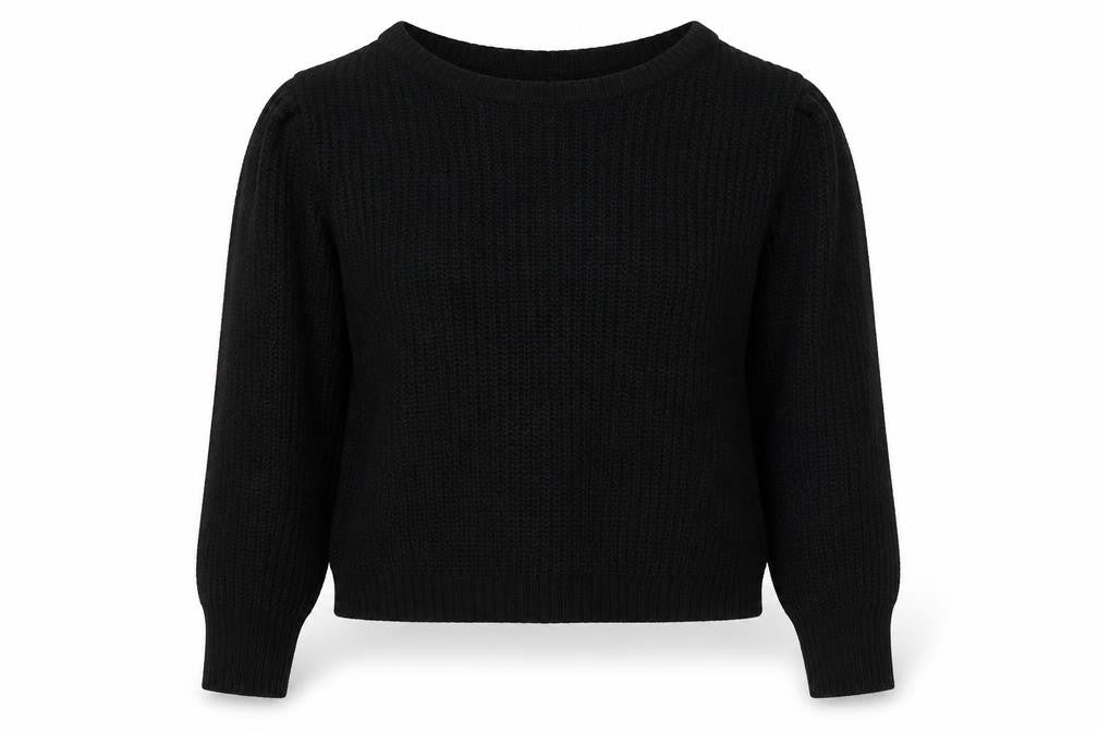 Front view of Missguided women’s black round neck acrylic jumper, size UK 6
