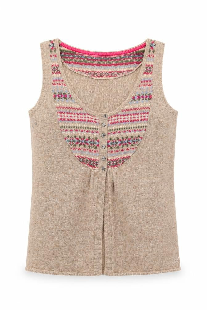 Front view of Crew Clothing Brown Scoop Neck Geometric Wool Cardigan Jumper, size 10