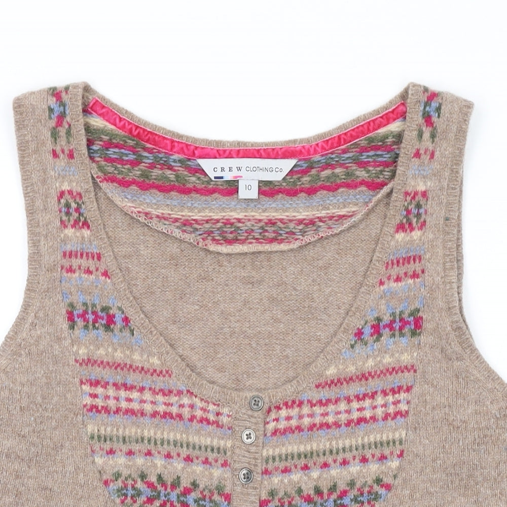 Crew Clothing Womens Brown Scoop Neck Geometric Wool Cardigan Jumper Size 10