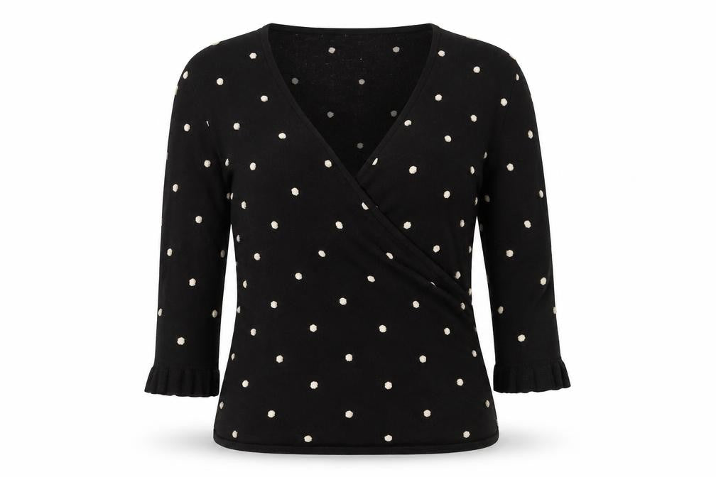 Front view of Kaliko women’s black v-neck polka dot viscose wrap jumper, size UK 12