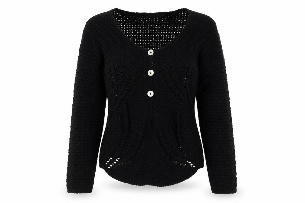 Front view of Alexara women’s black v-neck acrylic cardigan jumper, size S