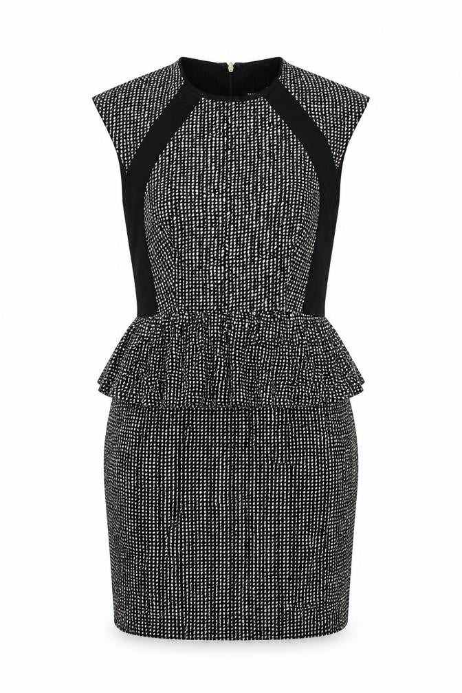 Mango Womens Black Geometric Viscose Pencil Dress Size XS Round Neck Zip - Peplum