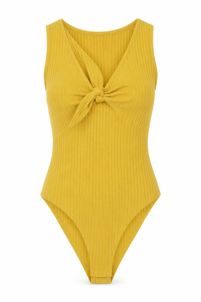 New Look Womens Yellow Polyester Bodysuit One-Piece Size 12 Snap - Ribbed