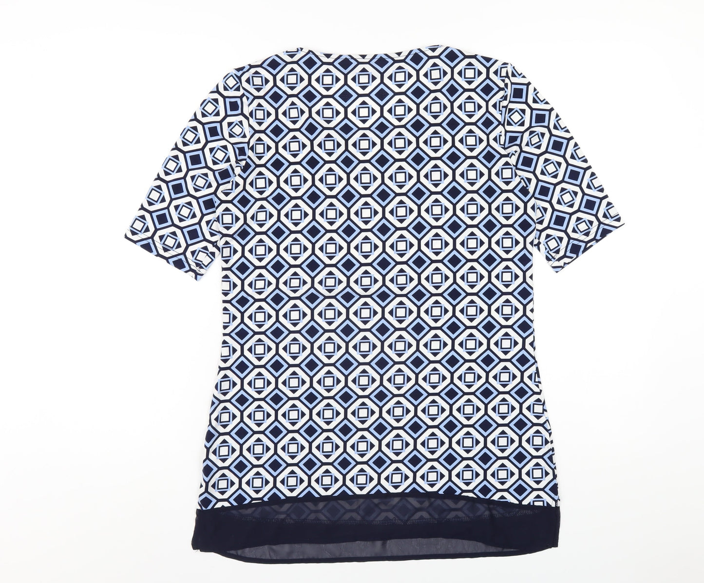 Nina Leonard Womens Blue Geometric Polyester Basic T-Shirt Size S Round Neck