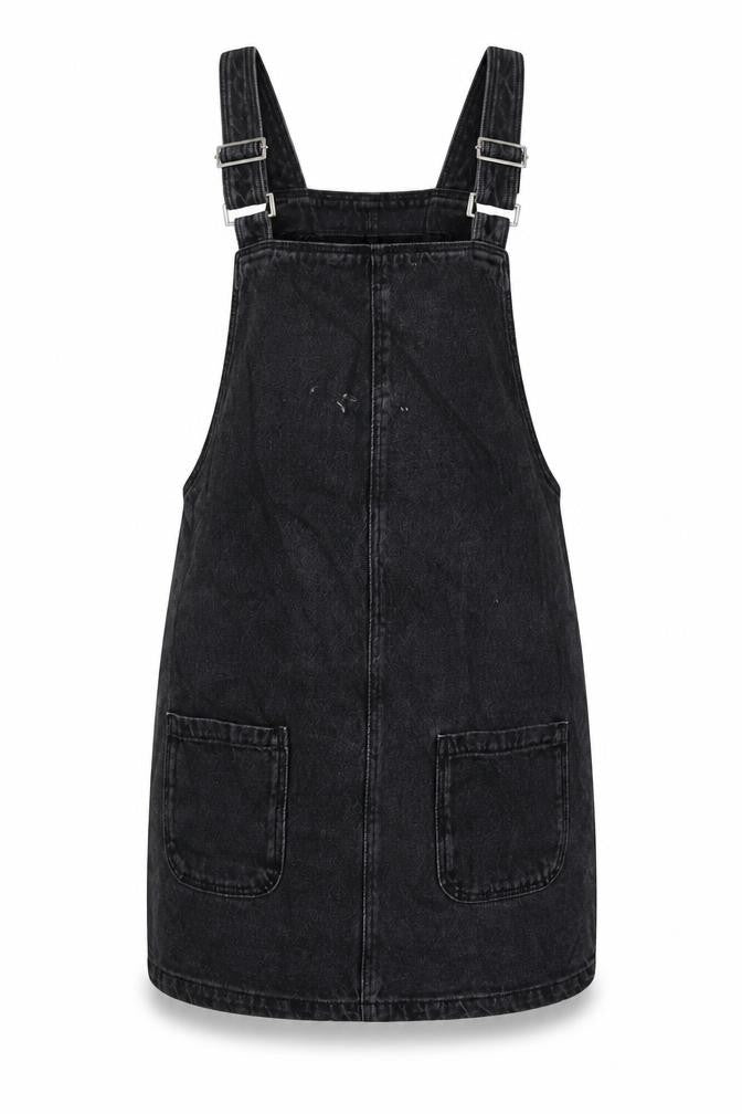 New Lok Womens Black Cotton Pinafore/Dungaree Dress Size 8 Square Neck Button
