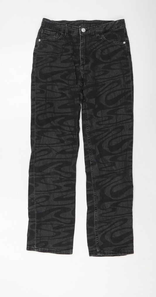 H&M Girls Grey Geometric Cotton Straight Jeans Size 11-12 Years Regular Button
