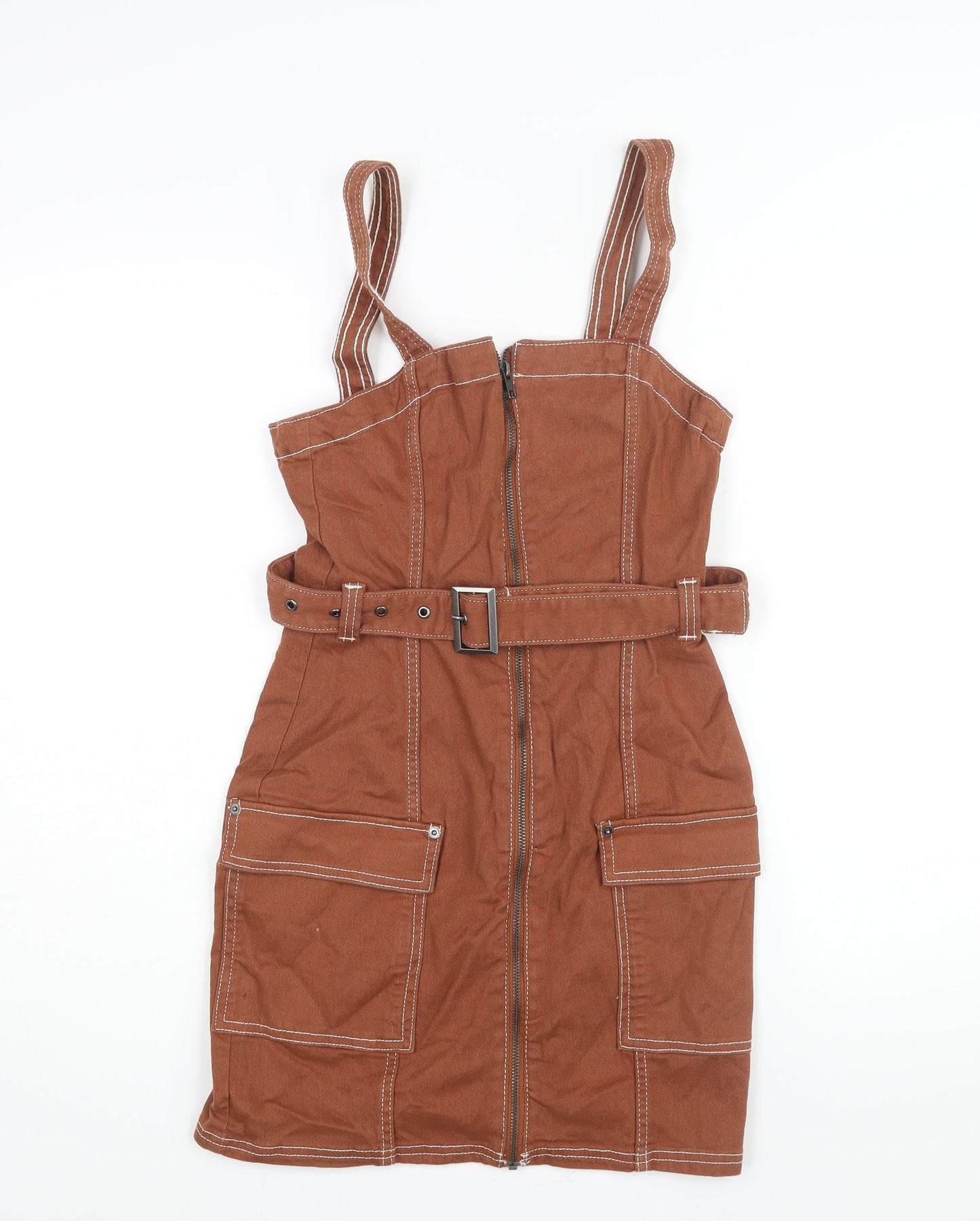 Divided by H&M Womens Brown Cotton Mini Size 8 Square Neck Zip - Belted