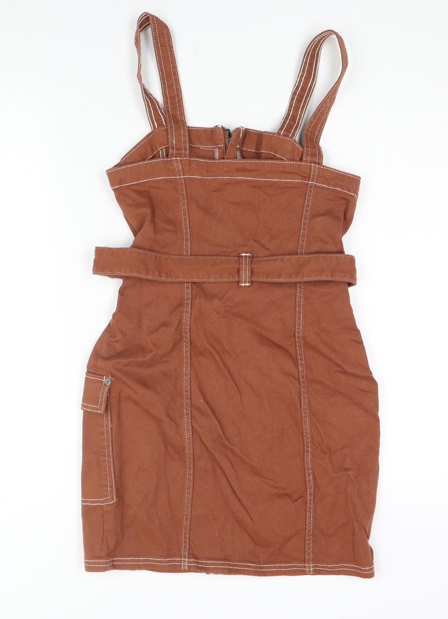 Divided by H&M Womens Brown Cotton Mini Size 8 Square Neck Zip - Belted