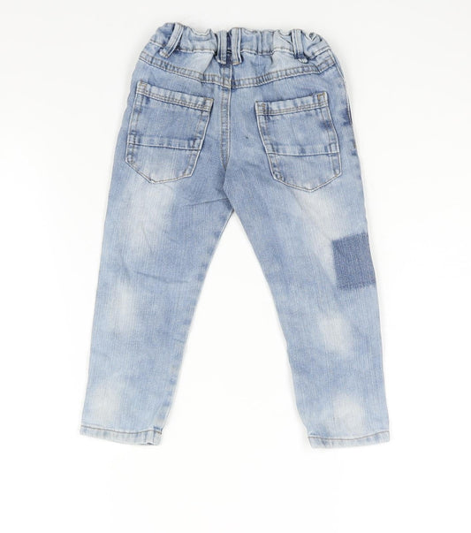 Woolworths Boys Blue Cotton Tapered Jeans Size 2 Years Regular Zip - Elasticated Waist Embroidered Detail