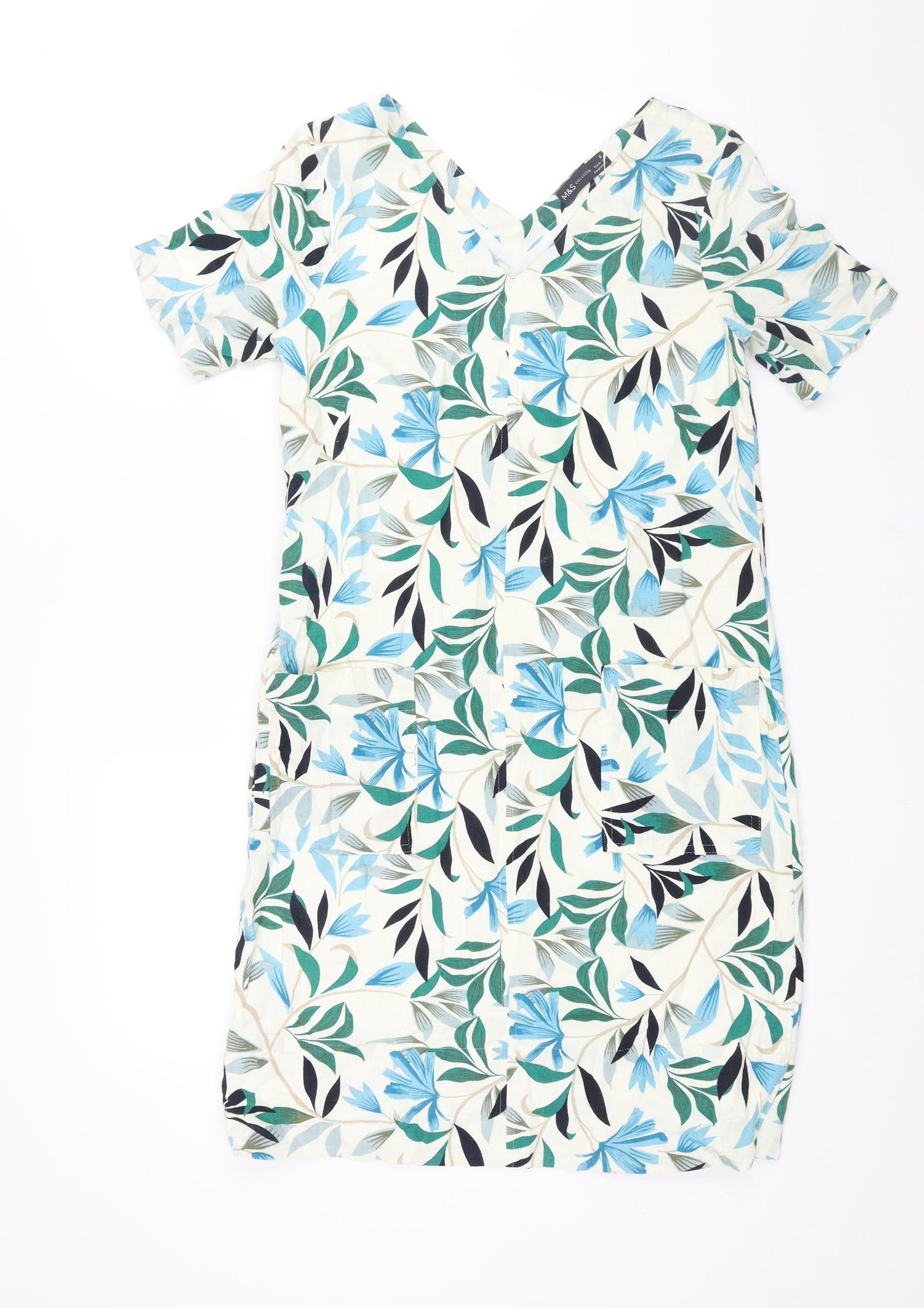 Marks and Spencer Womens Multicoloured Geometric Linen Shift Size 8 V-Neck Pullover - Floral Print