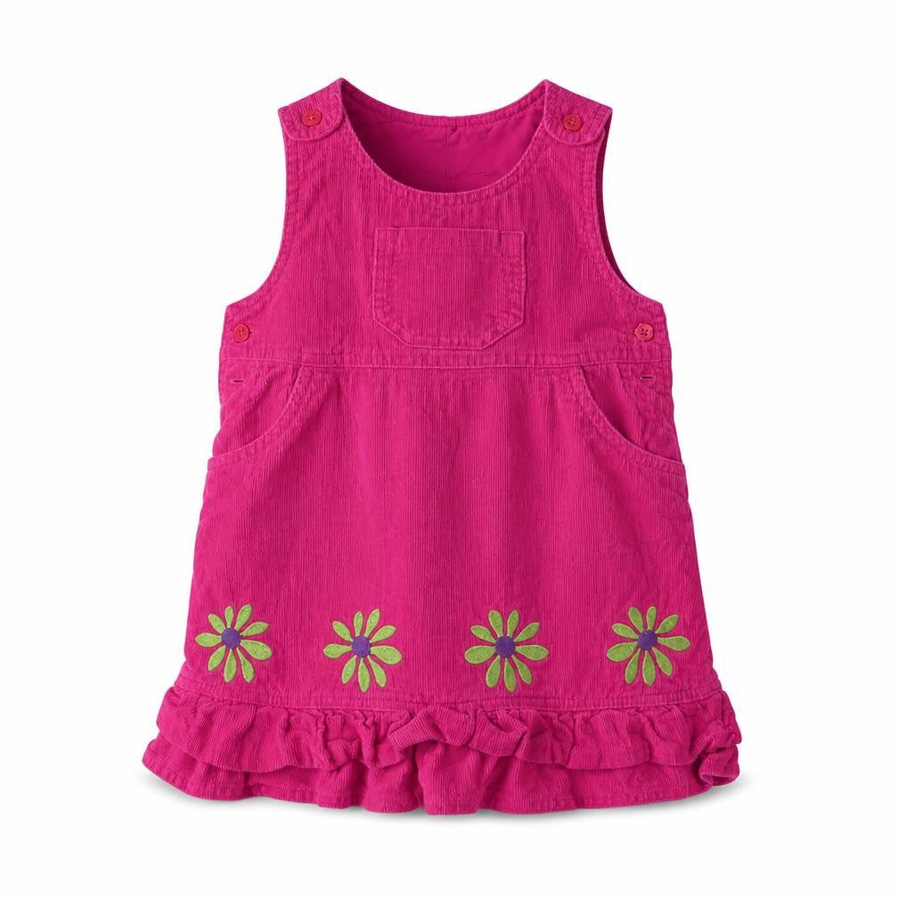 Front view of John Lewis girls’ pink floral cotton a-line, size 18-24, months crew neck button - embroidered