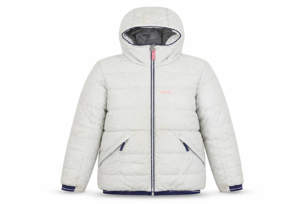 Front view of Wedze girls’ grey puffer jacket jacket, size 12, years zip - technical waterproof windproof hooded