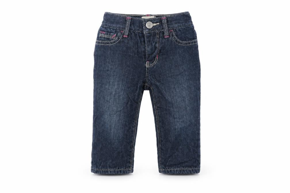 Front view of Gap girls’ blue cotton capri jeans, size 6-9, months snap
