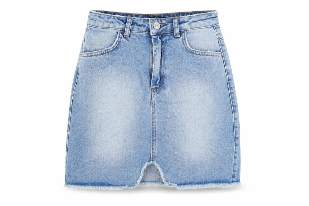 Front view of Missguided women’s blue cotton a-line skirt, size UK 6, zip