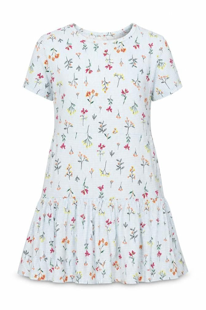 Front view of Land's End women’s blue floral cotton a-line, size S, v-neck pullover