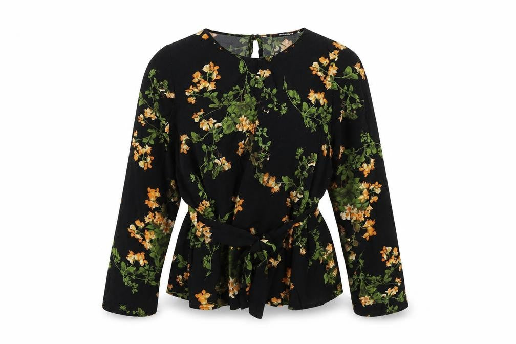 Missguided Womens Black Floral Polyester Basic Blouse Size 8 Round Neck