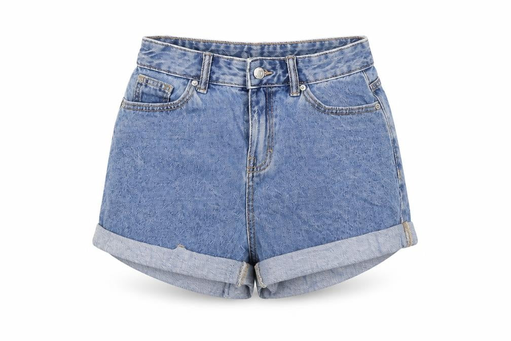 Front view of Denim & Co. women’s blue cotton hot pants shorts, size UK 6, 3-inch leg regular button