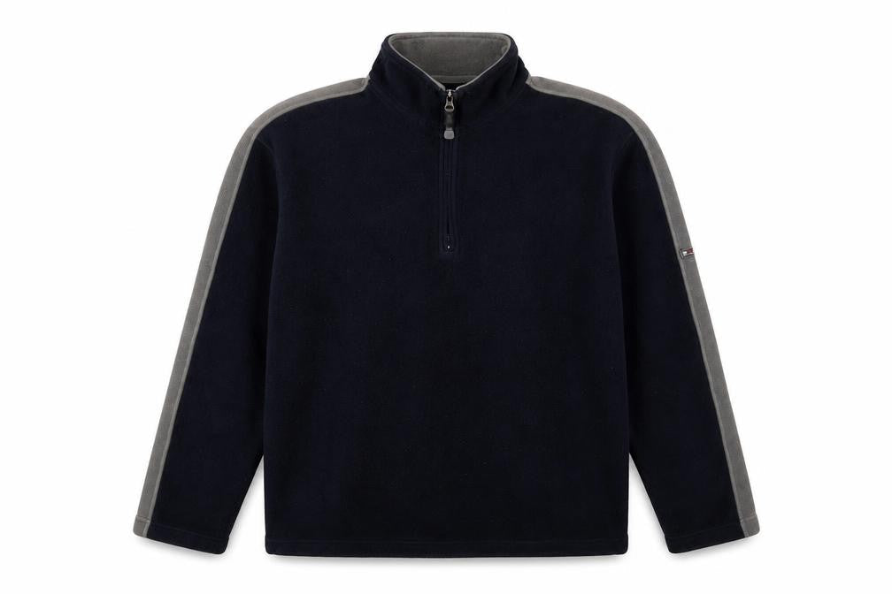 Front view of Maine New England men’s blue polyester pullover sweatshirt, size L