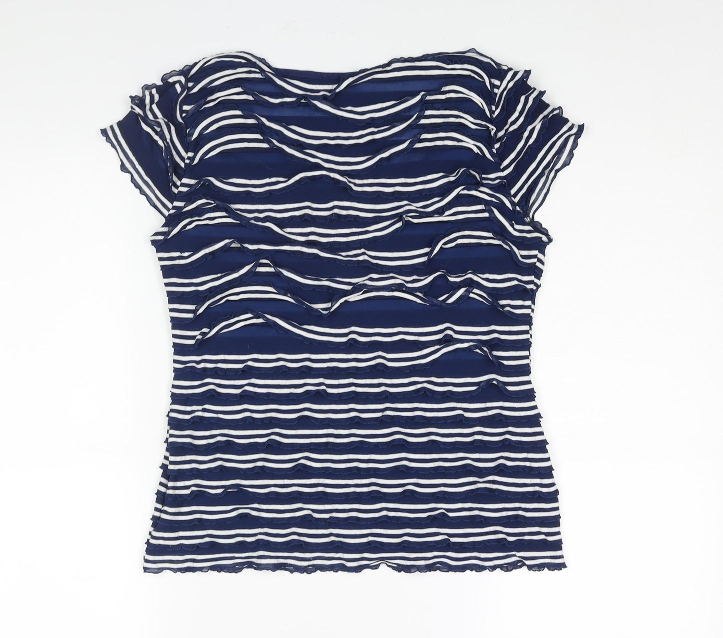 Phase Eight Womens Blue Striped Polyester Basic Blouse Size 10 Round Neck - Layered Frill Detail