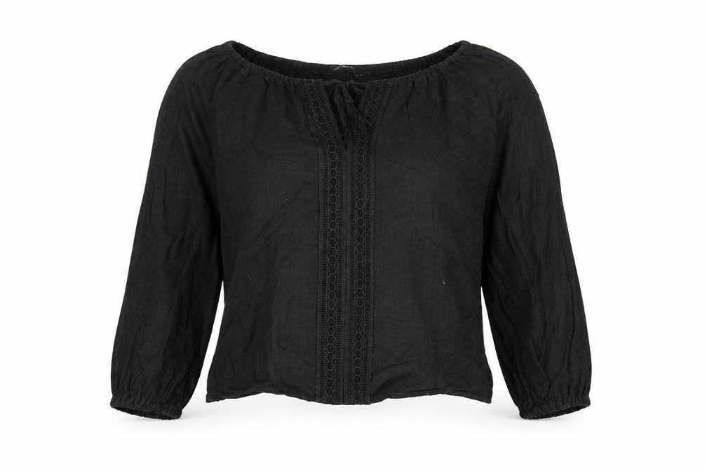 JustFab Womens Black Cotton Basic Blouse Size L V-Neck - Tassle Tie Keyhole Neck Embroidered Detail
