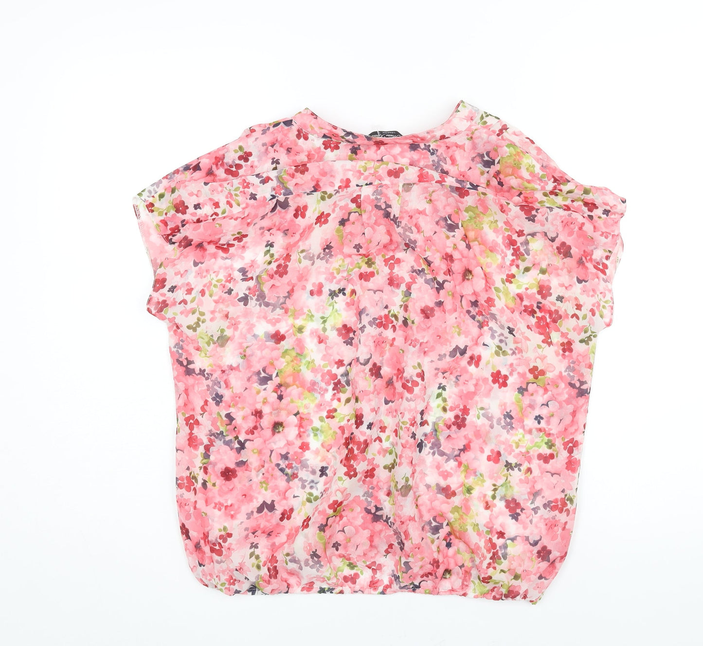 Marina Kaneva Womens Pink Floral Polyester Basic Blouse Size 12 V-Neck - Semi Sheer