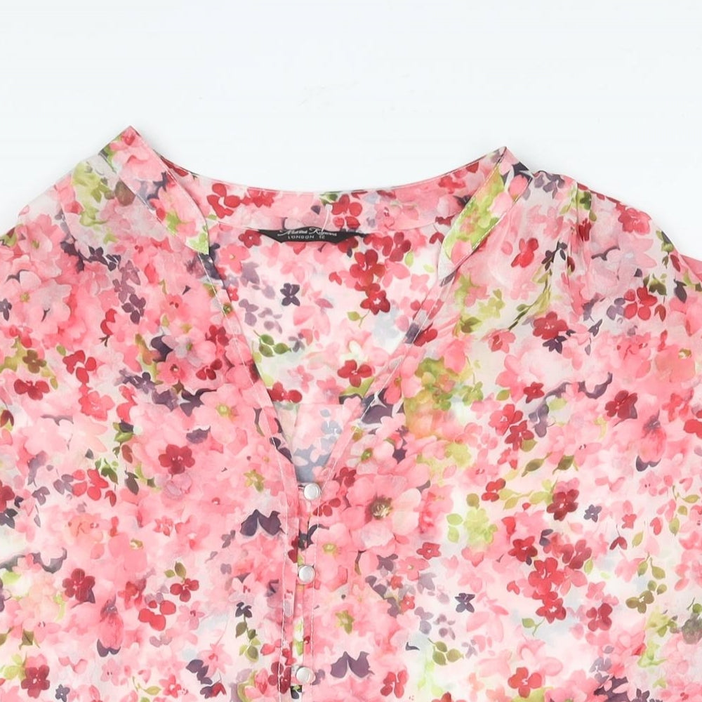 Marina Kaneva Womens Pink Floral Polyester Basic Blouse Size 12 V-Neck - Semi Sheer