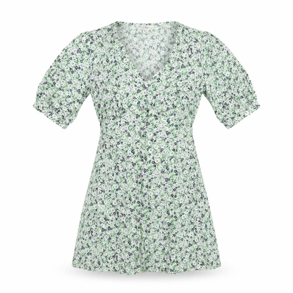 Miss Selfridge Womens Green Floral Viscose Mini Size 6 V-Neck Button - Belted
