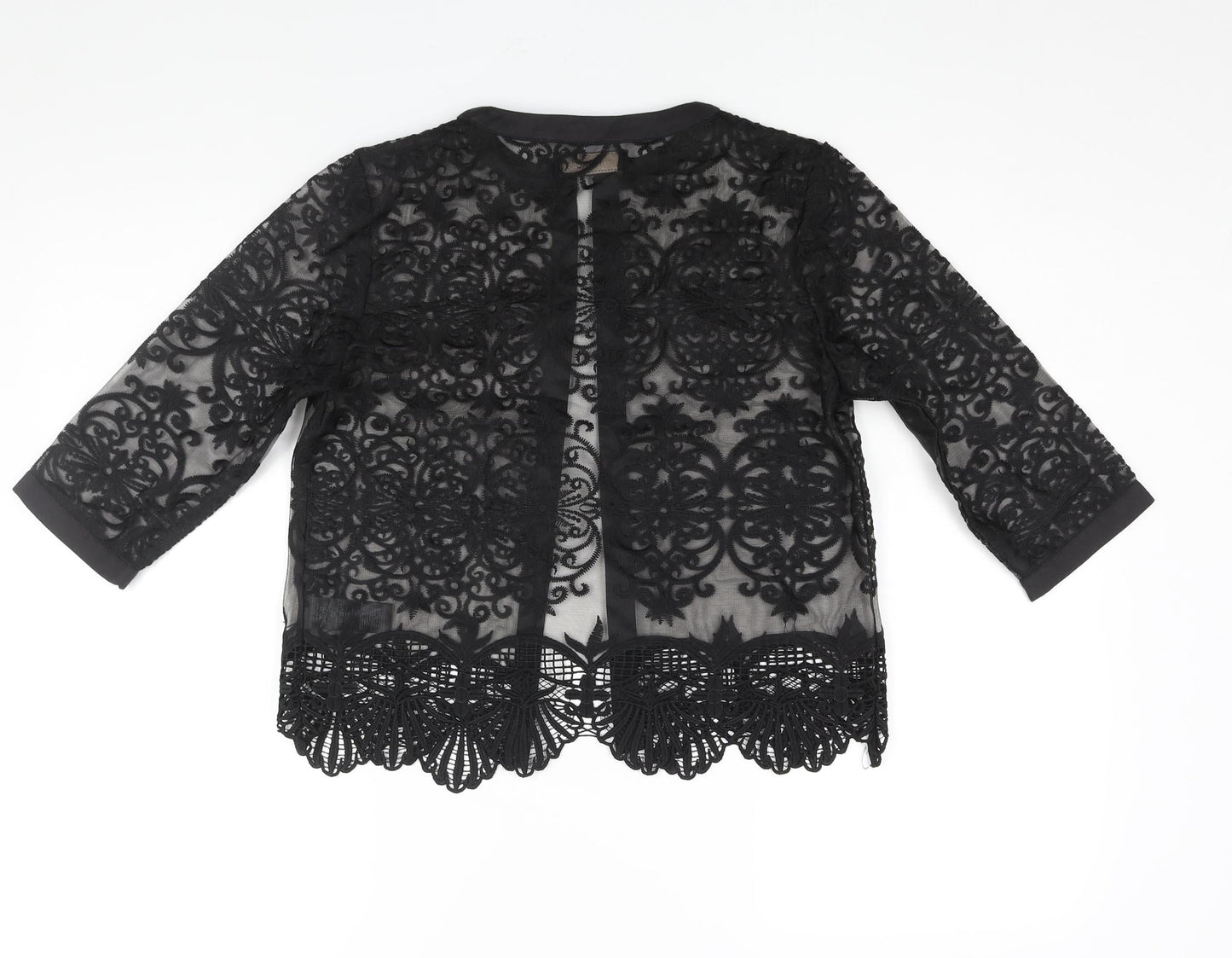 NEXT Womens Black Geometric Polyester Kimono Blouse Size S V-Neck - Semi Sheer Embroidered Lace Hem