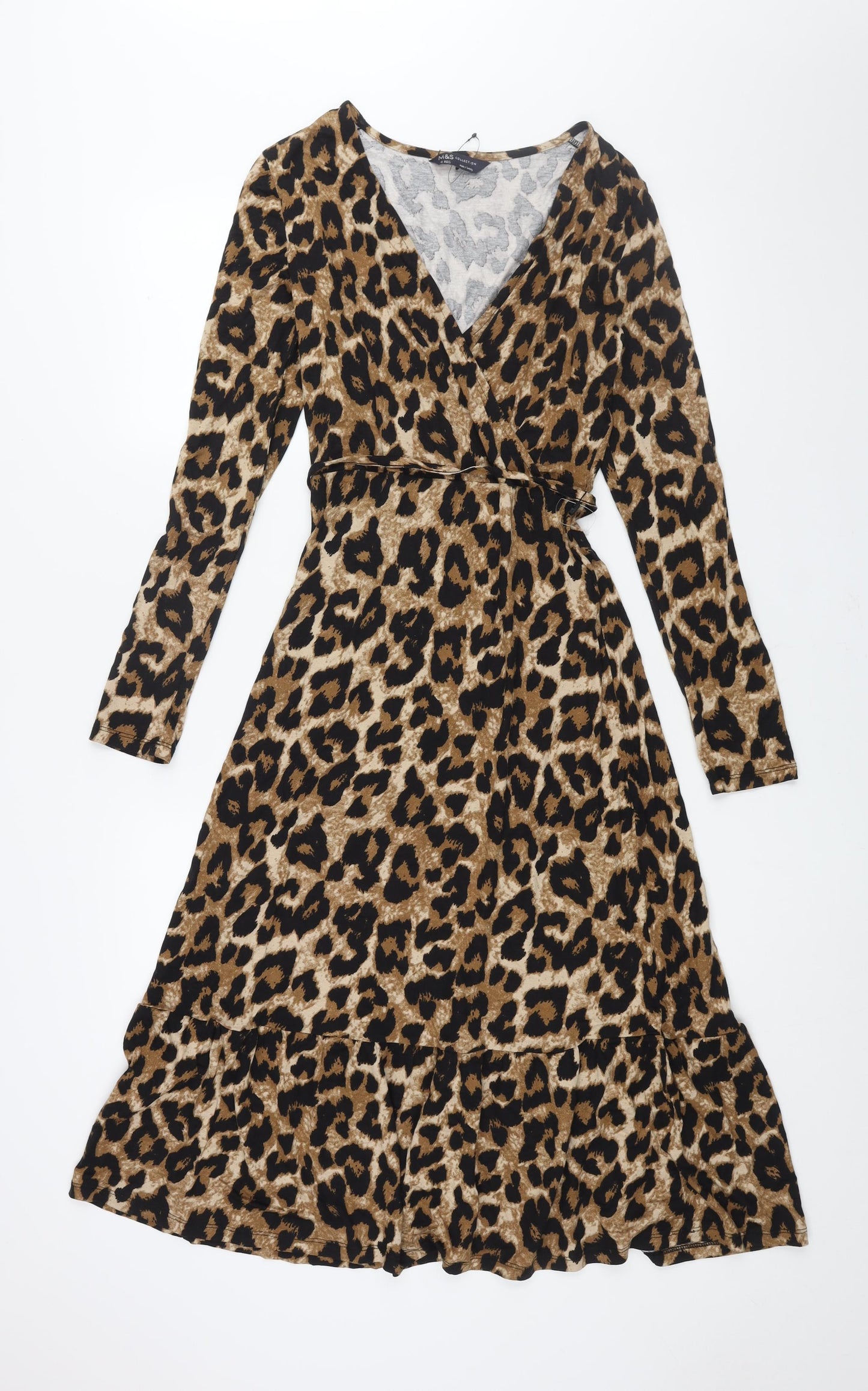 Marks and Spencer Womens Brown Animal Print Viscose A-Line Size 6 V-Neck Pullover - Belted Leopard Print