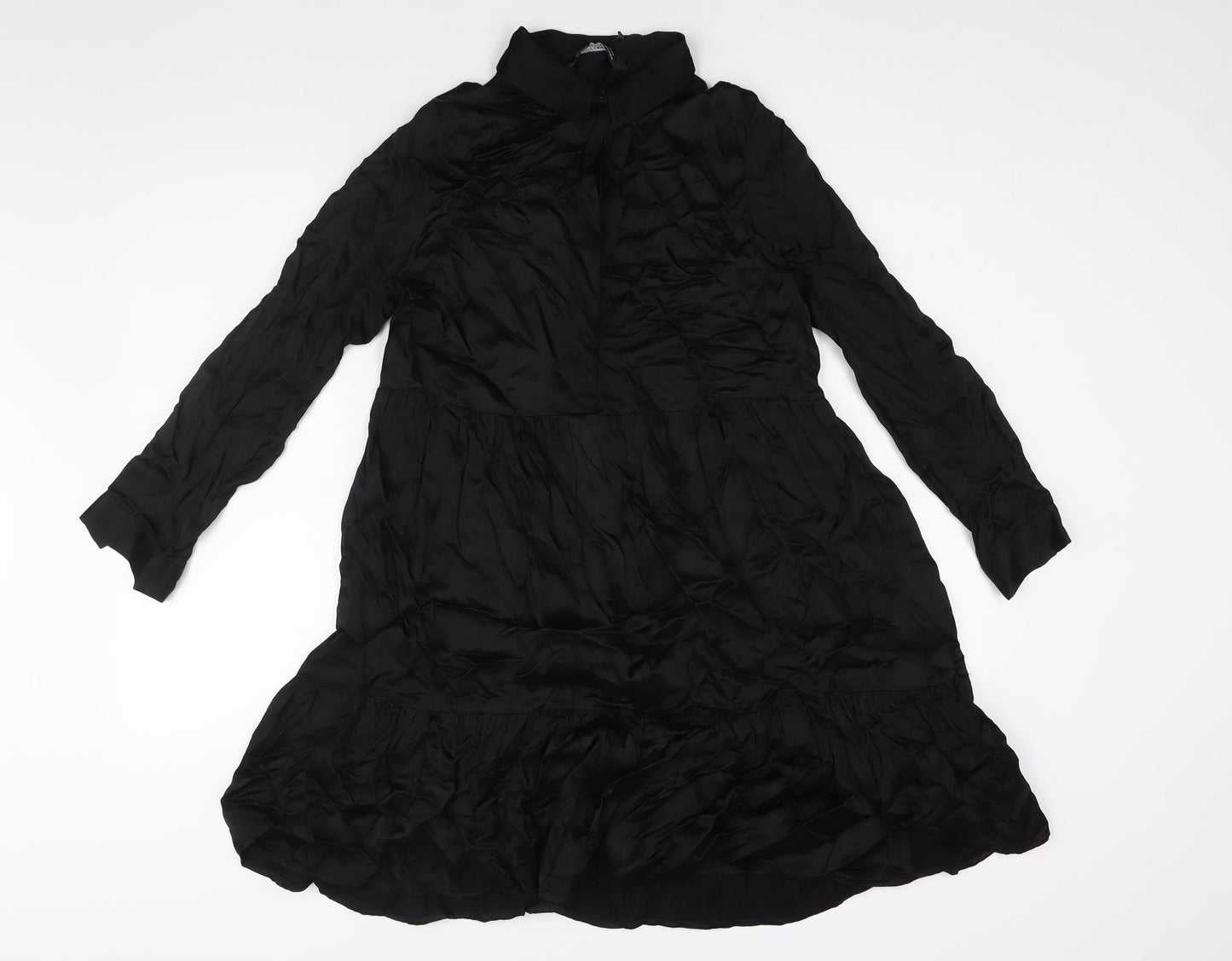 Zara Womens Black Polyester A-Line Size XS Collared Button - Smocked