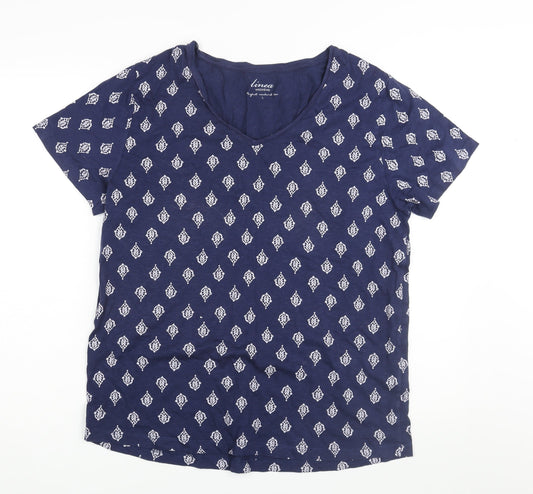 Linea Womens Blue Geometric Cotton Basic T-Shirt Size L V-Neck