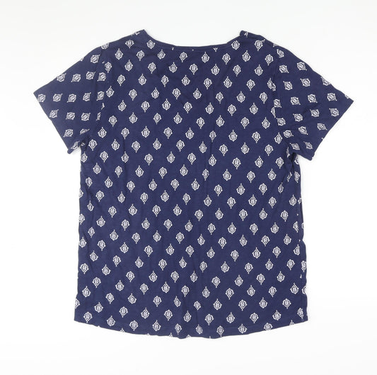 Linea Womens Blue Geometric Cotton Basic T-Shirt Size L V-Neck