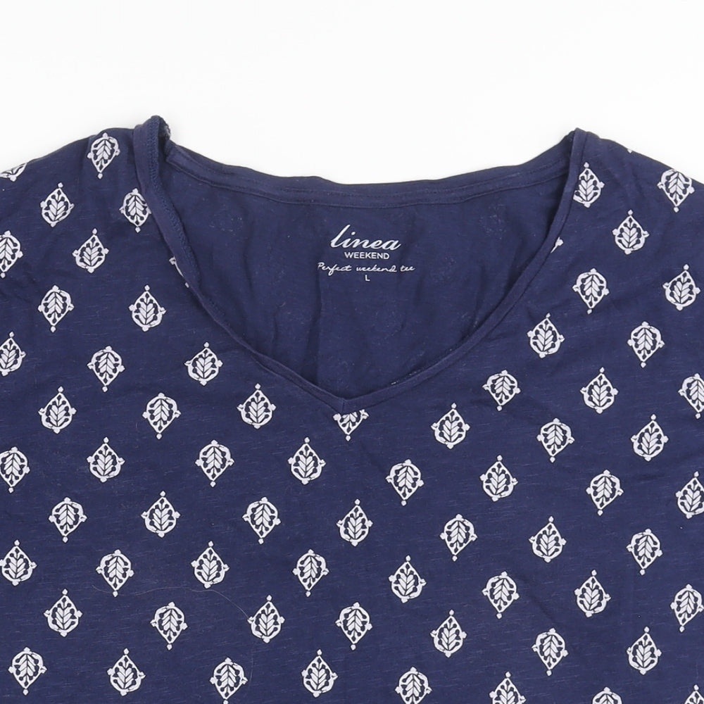 Linea Womens Blue Geometric Cotton Basic T-Shirt Size L V-Neck