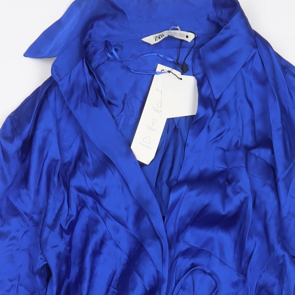 Zara Womens Blue Viscose Wrap Dress Size 12 V-Neck Tie - Belted