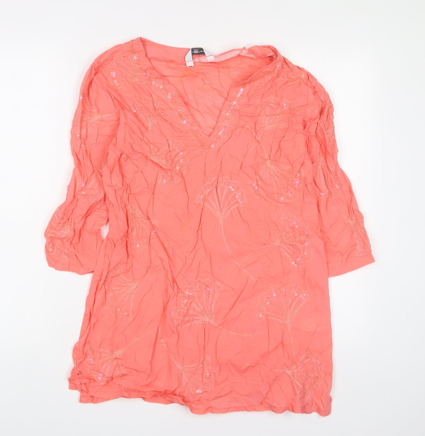 New Look Womens Pink Cotton A-Line Size 12 V-Neck Pullover - Embroidered, Sequins