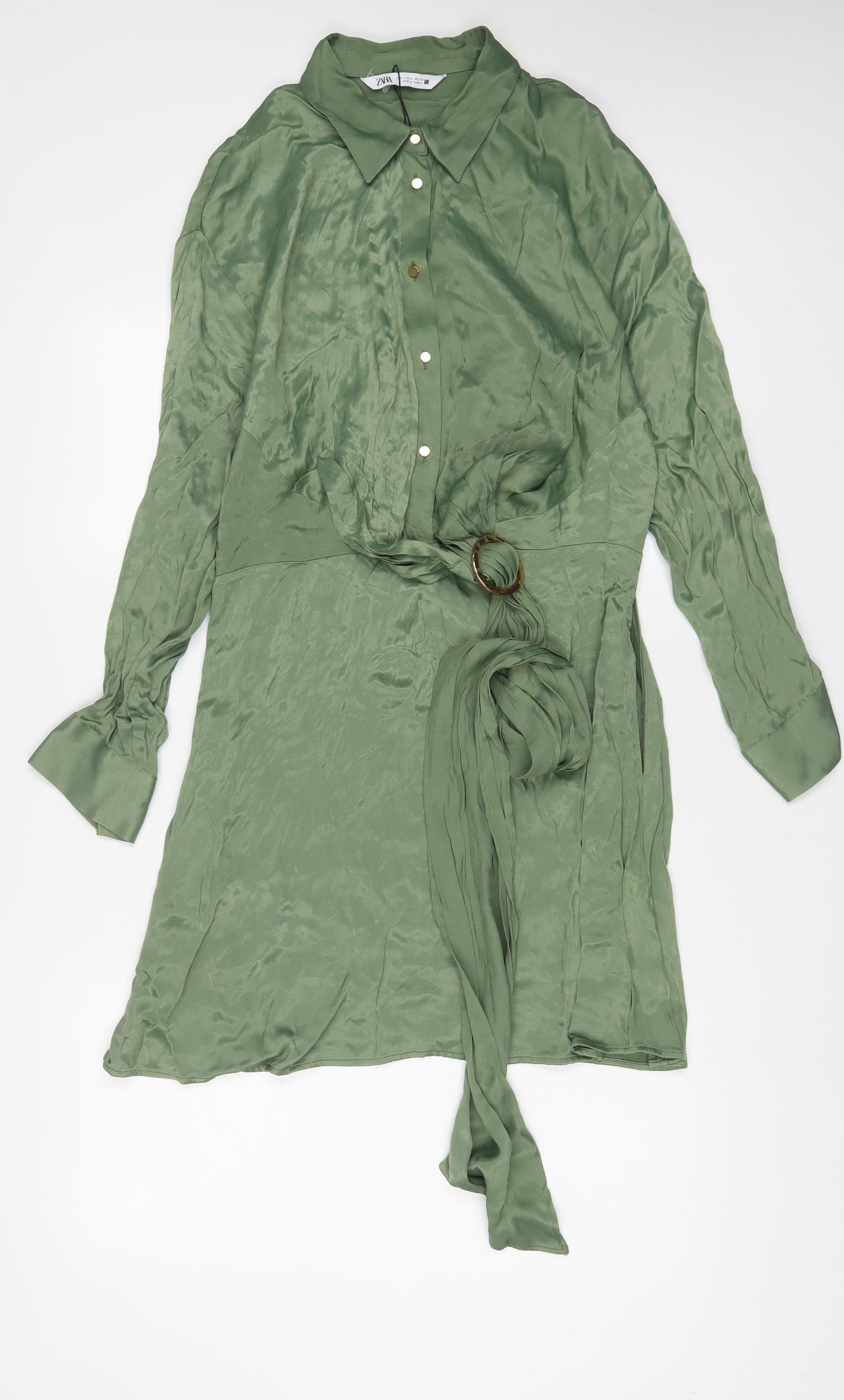 Zara Womens Green Viscose A-Line Size L Collared Button - Belted
