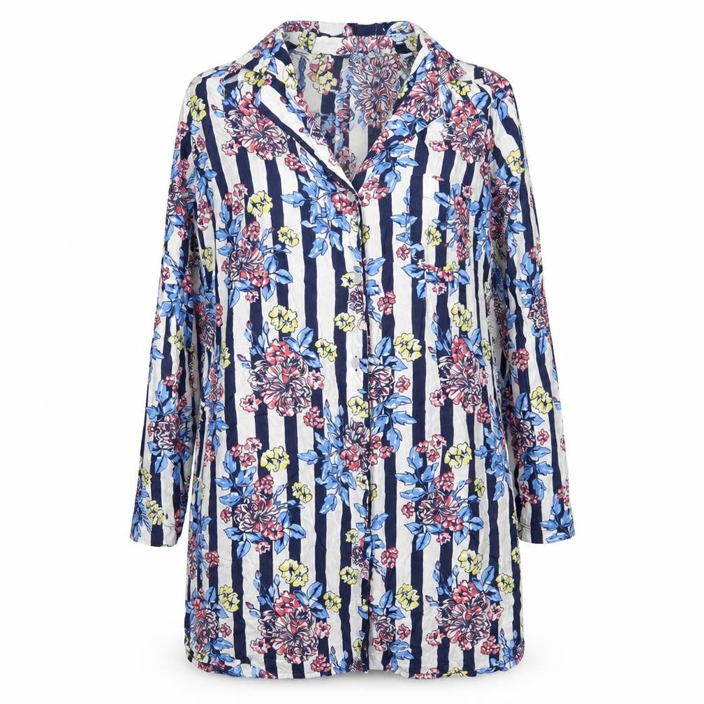 Front view of ASOS women’s multicoloured geometric viscose a-line, size UK 10, collared button