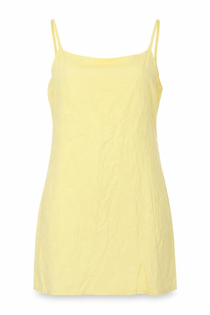 Front view of Only women’s yellow linen mini, size L, square neck zip