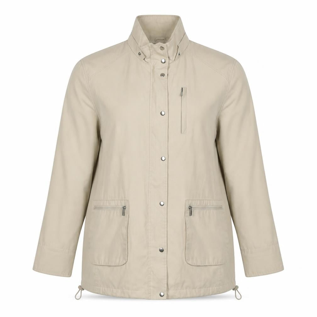 Front view of NuAge women’s beige parka jacket, size UK 18, zip