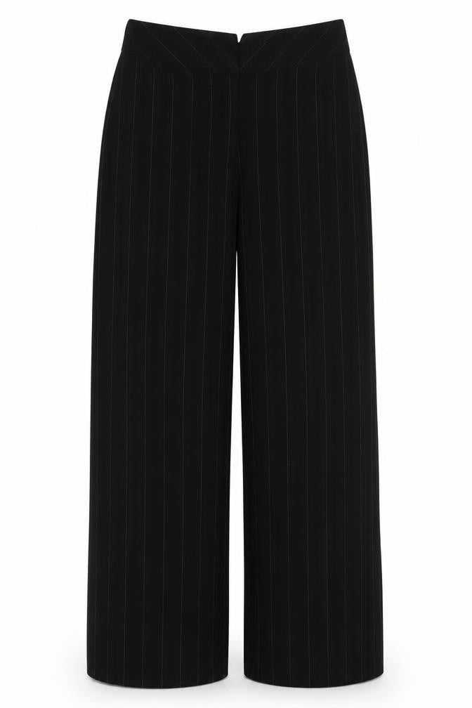 Front view of AMARANTO women’s black striped polyester trousers, size UK 10, 31-inch leg regular