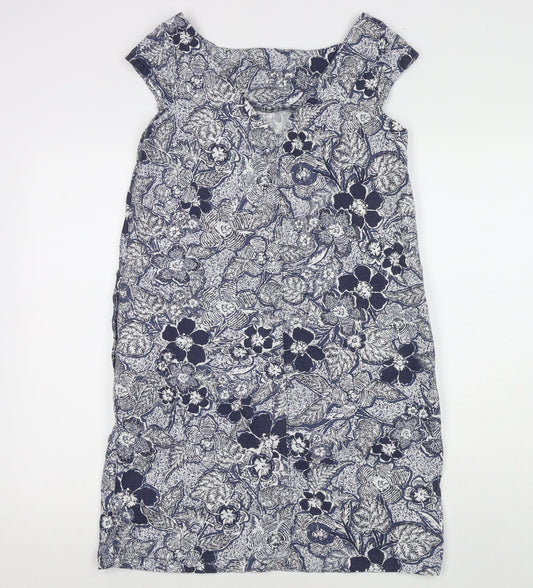 NEXT Womens Blue Floral Linen A-Line Size 10 Round Neck Pullover