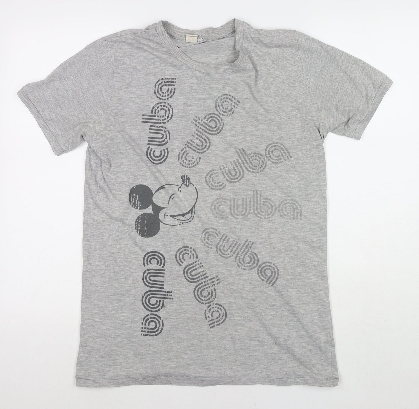 Disney Womens Grey Polyester Basic T-Shirt Size L Round Neck - Mickey Mouse Cuba