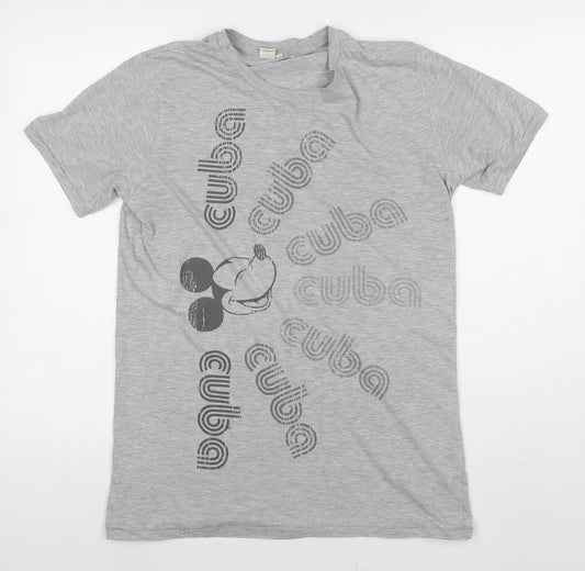 Disney Womens Grey Polyester Basic T-Shirt Size L Round Neck - Mickey Mouse Cuba