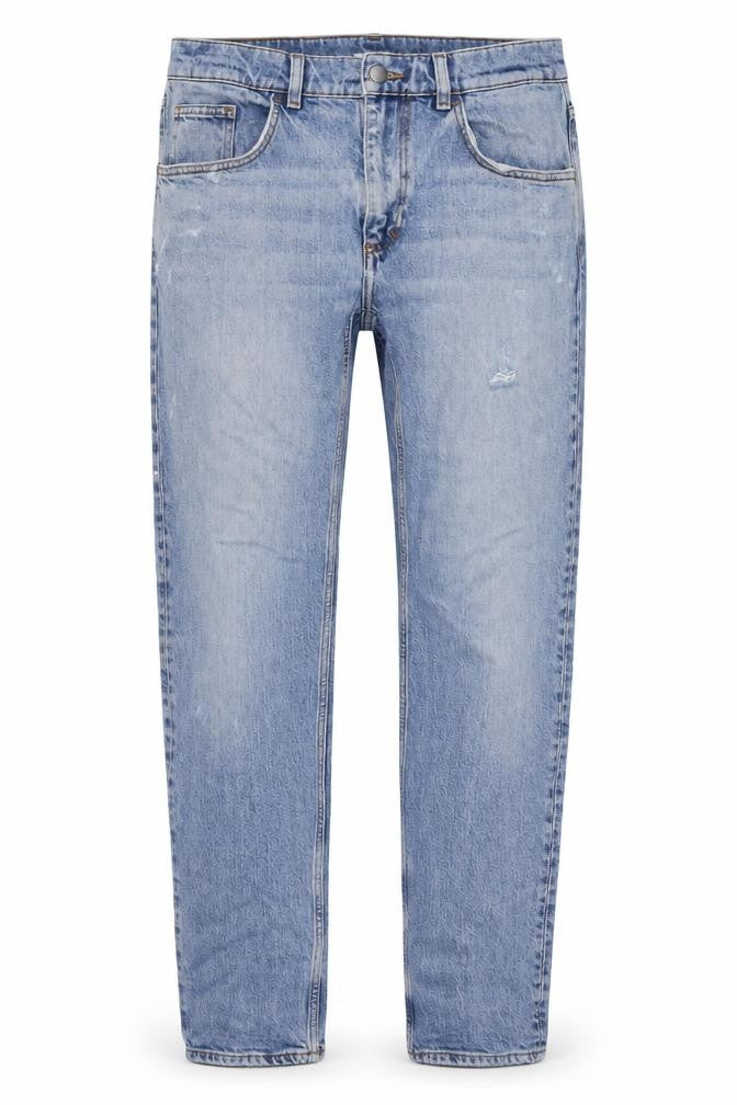 Front view of COS men’s blue cotton straight jeans, size 34, in, 28-inch leg regular zip
